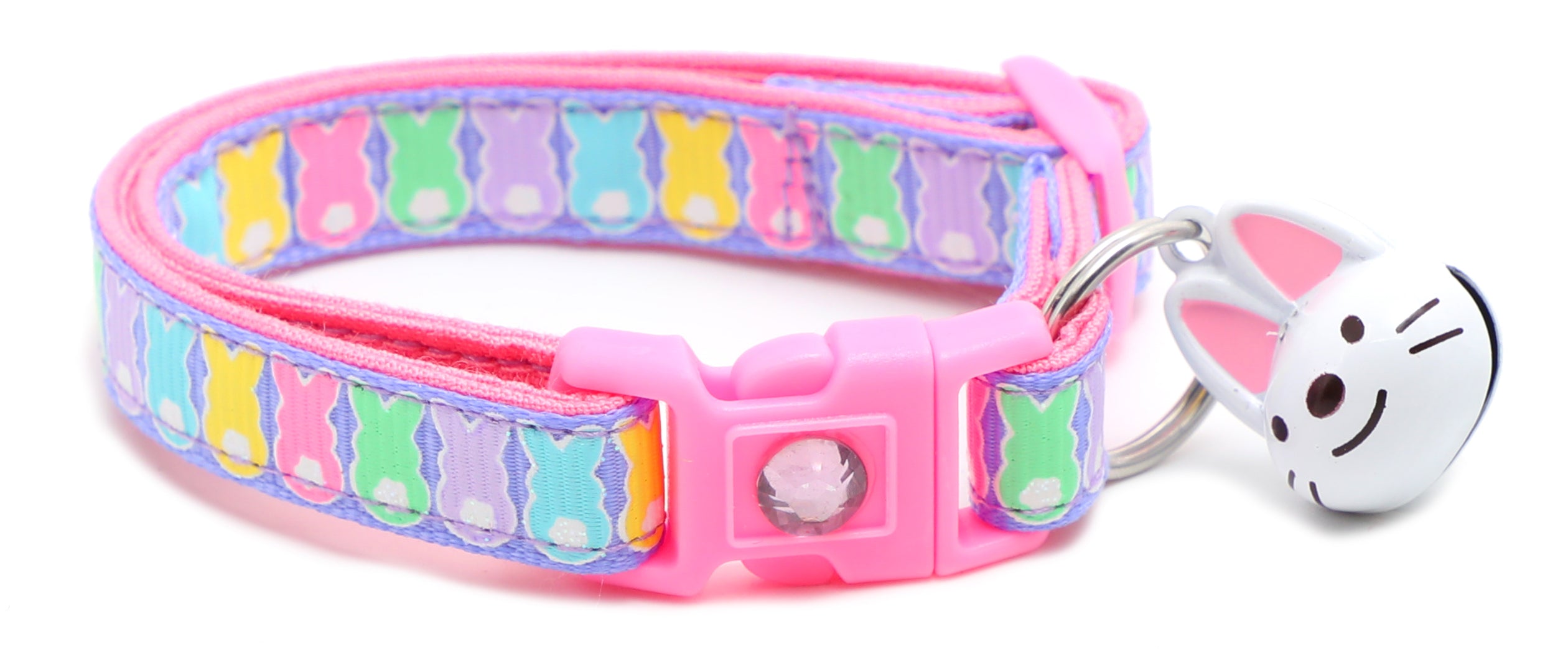 A colorful Marshmallow Easter Bunnies Breakaway Cat Collar featuring cute bunny designs, made from reinforced cotton with a breakaway clip.